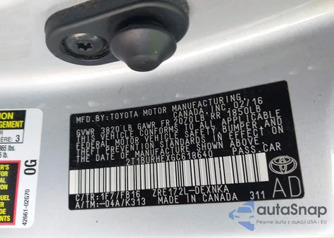 2016 Toyota Corolla Le z USA, uszkodzony, nr VIN 2T1BURHEXGC618640